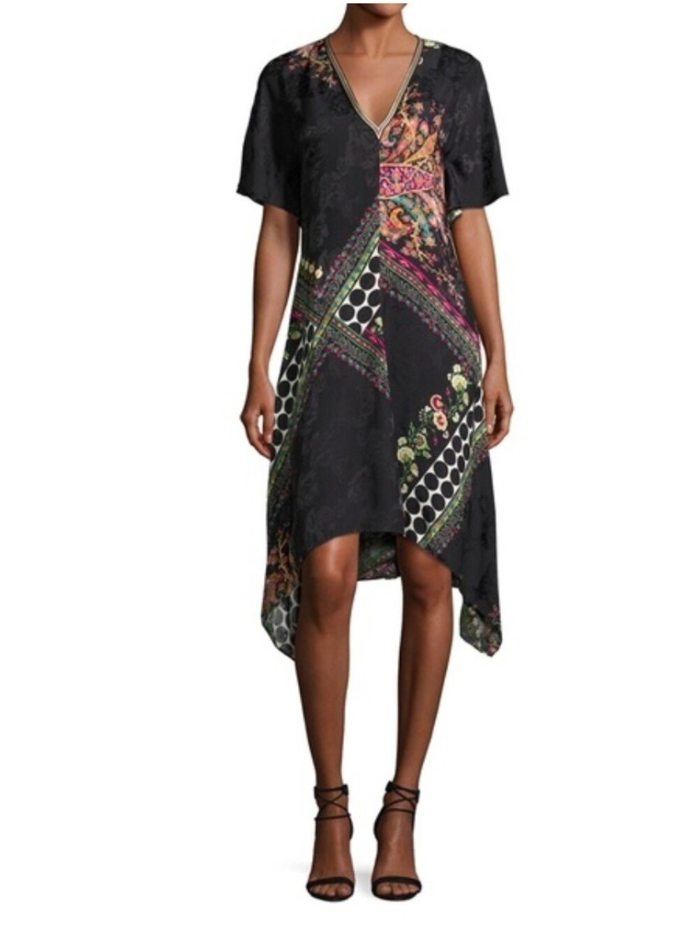 Etro Flowy Silk Blend Dress Black Geometric Print Hi Low Hem Italy Size 44 US M